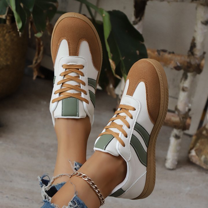 Women's Leather Trainers – Retro Stripe Gum Sole Shoes – view 7