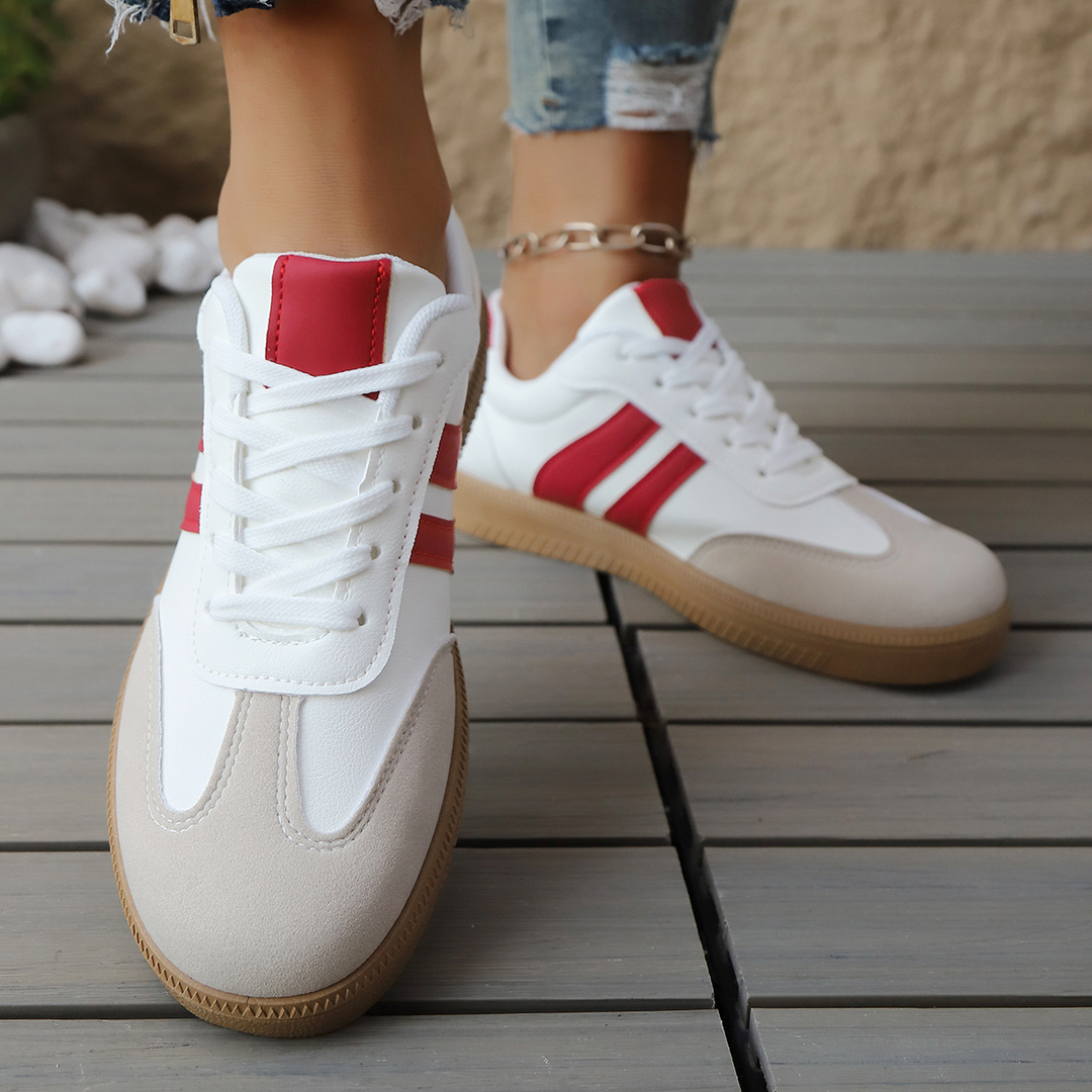 Women's Leather Trainers – Retro Stripe Gum Sole Shoes – view 3
