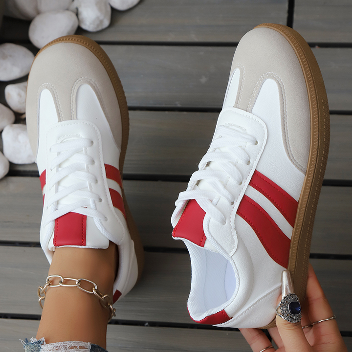 Women's Leather Trainers – Retro Stripe Gum Sole Shoes – view 4