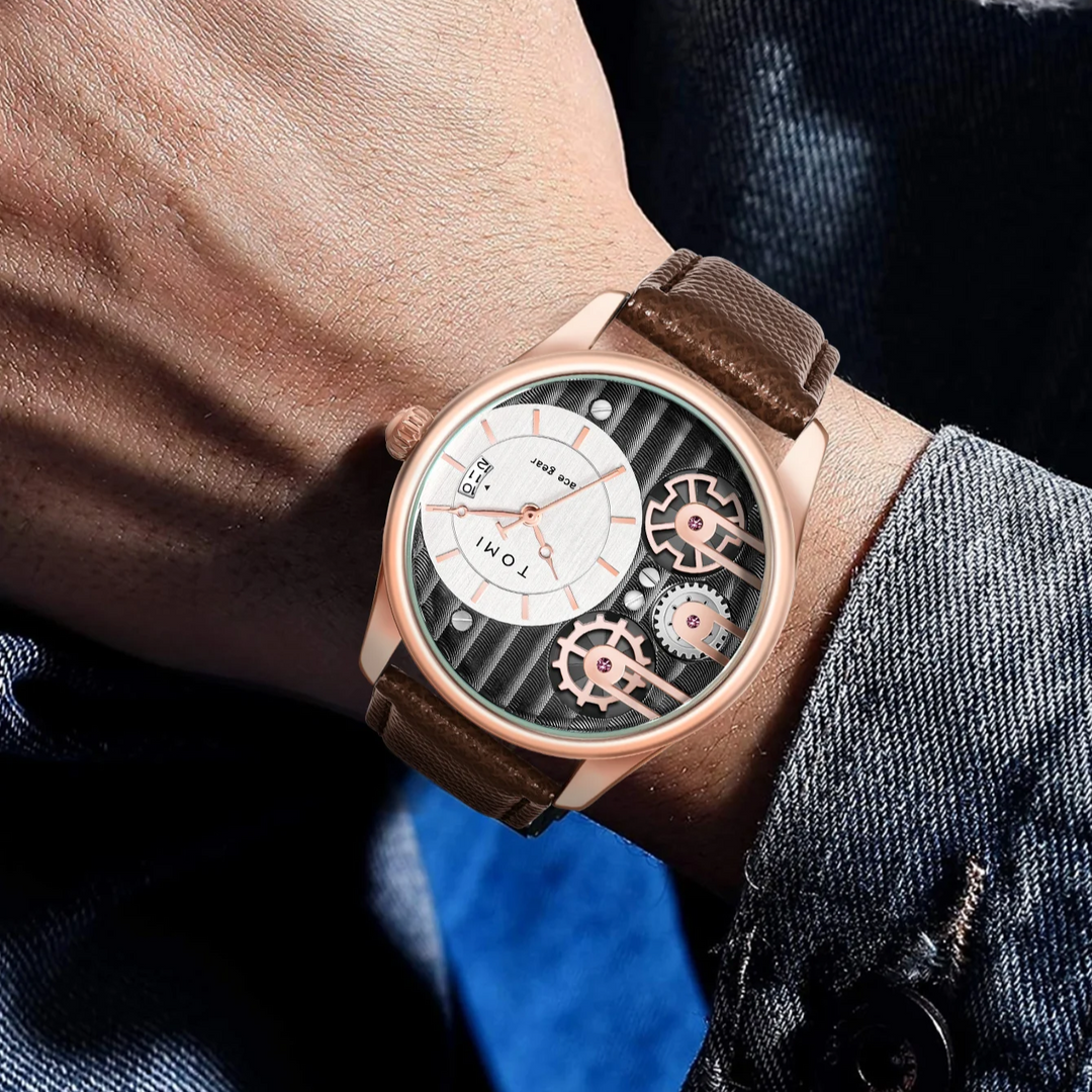 Men's Gearline Quartz Watch – Textured Dial & Leather Strap
