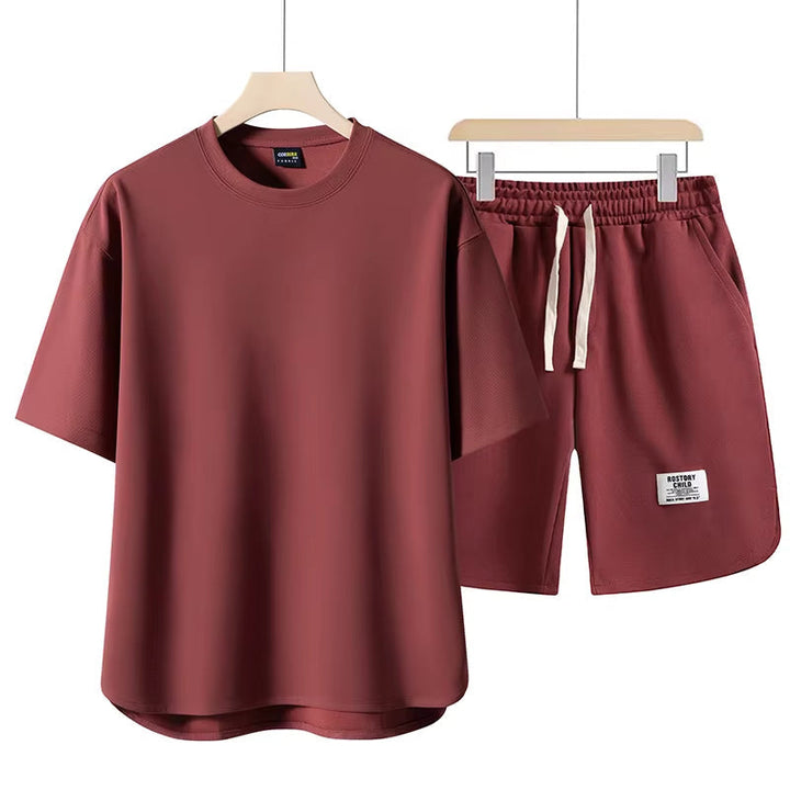 Men's Cotton-Blend Lounge Set – Drop-Shoulder Tee & Shorts Co-ord – Brown