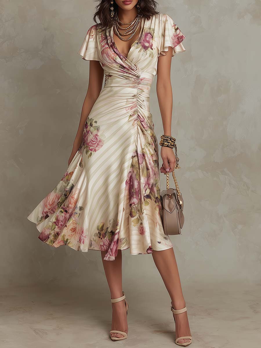 Women's Vintage Floral Satin Midi Dress - Effortless Summer Style