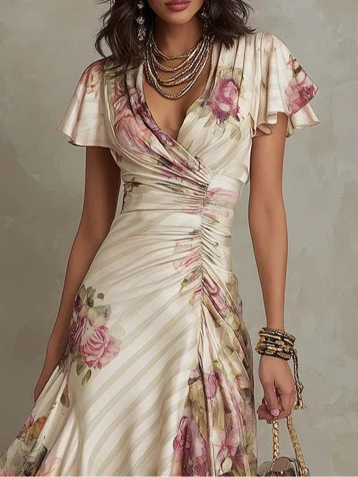 Women's Floral Draped Midi Dress - Elegant & Romantic