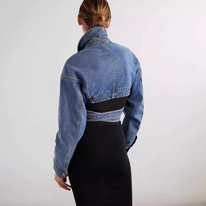Women's Emilia Cropped Denim Jacket – Soft Blue Cutwork Detail – view 3