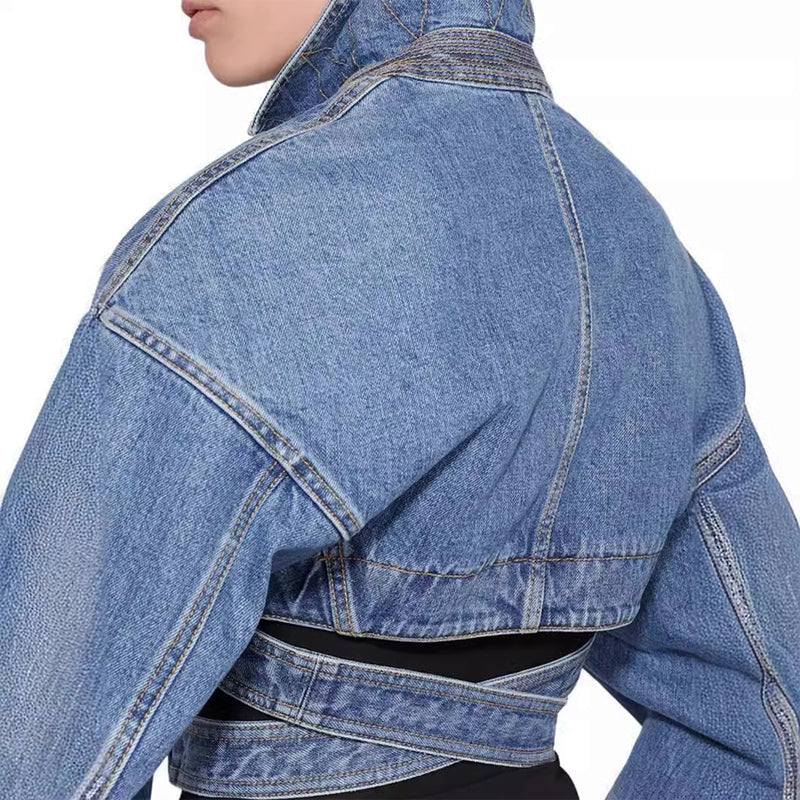 Women's Emilia Cropped Denim Jacket – Soft Blue Cutwork Detail – view 4