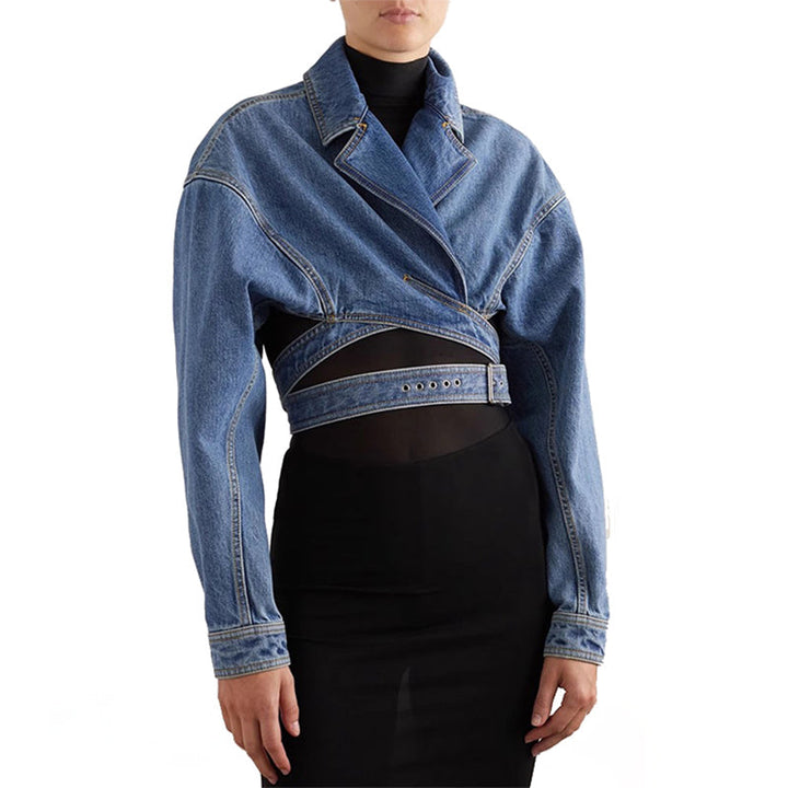 Women's Emilia Cropped Denim Jacket – Soft Blue Cutwork Detail – view 2