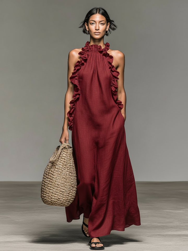 Women's Sleeveless Linen Blend Maxi Dress with Ruffle Details