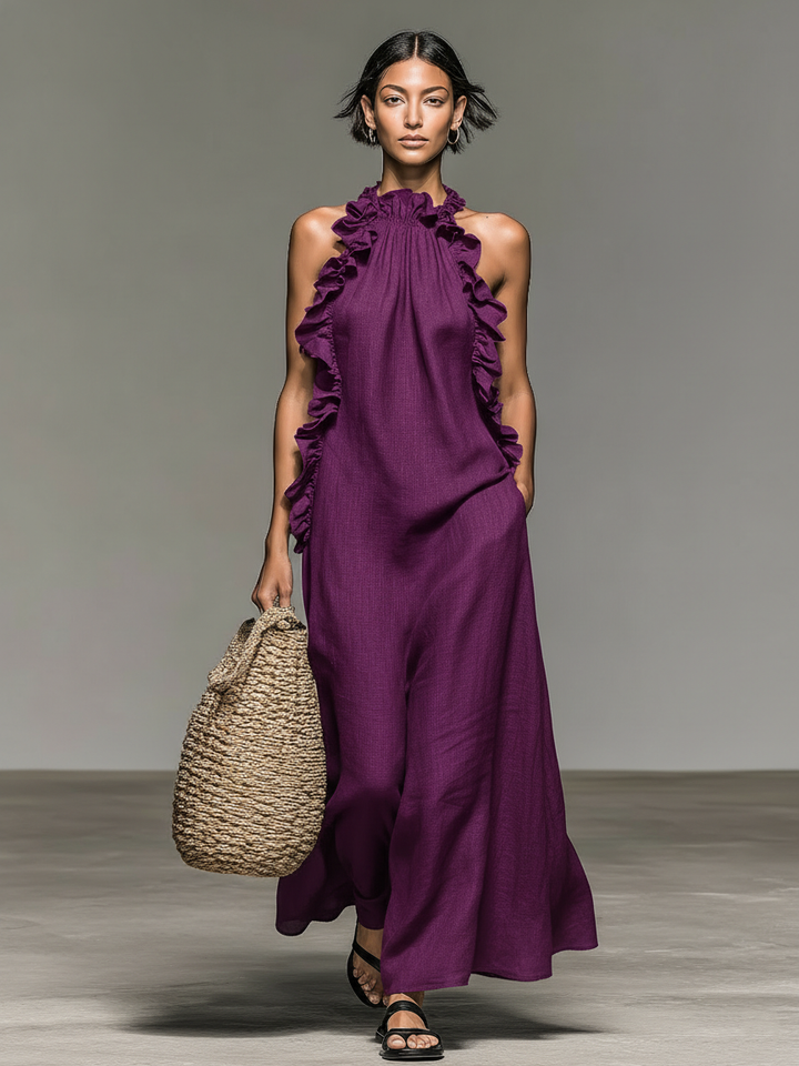 Women's Sleeveless Linen Blend Maxi Dress with Ruffle Details