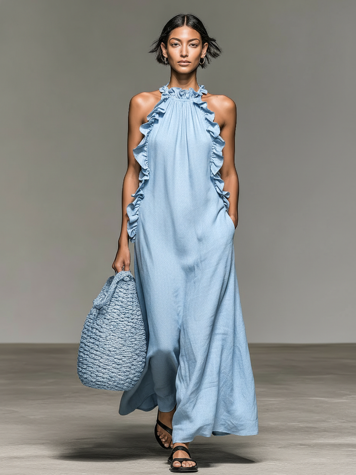 Women's Sleeveless Linen Blend Maxi Dress with Ruffle Details