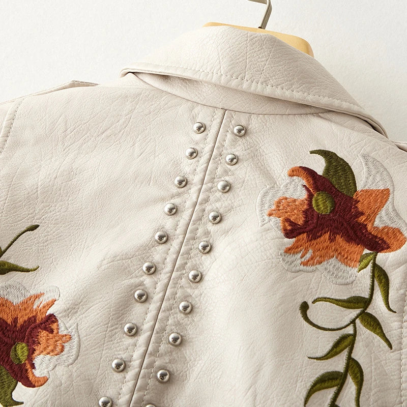 Women's Studded Vegan Leather Biker Jacket – Floral Embroidery – view 9