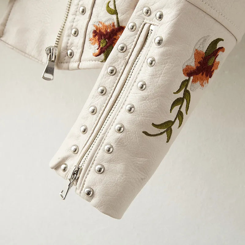 Women's Studded Vegan Leather Biker Jacket – Floral Embroidery – view 10