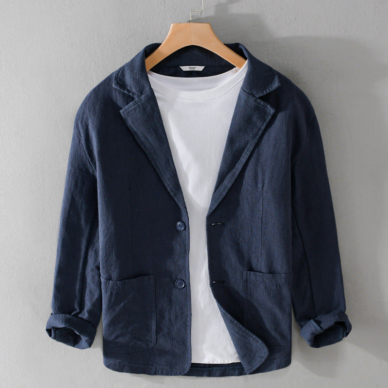 Men's Linen Blend Jacket – Relaxed Garment-Dyed Summer Layer – Azure