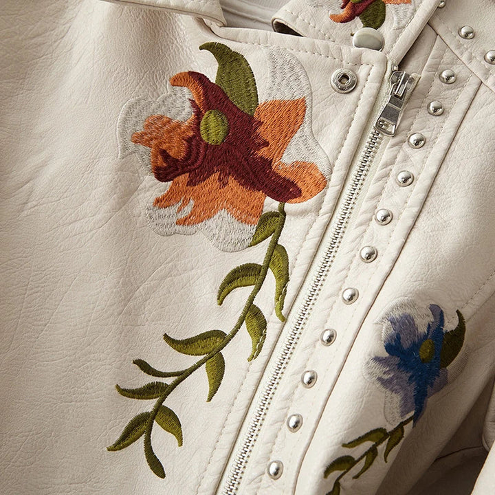 Women's Studded Vegan Leather Biker Jacket – Floral Embroidery – view 11