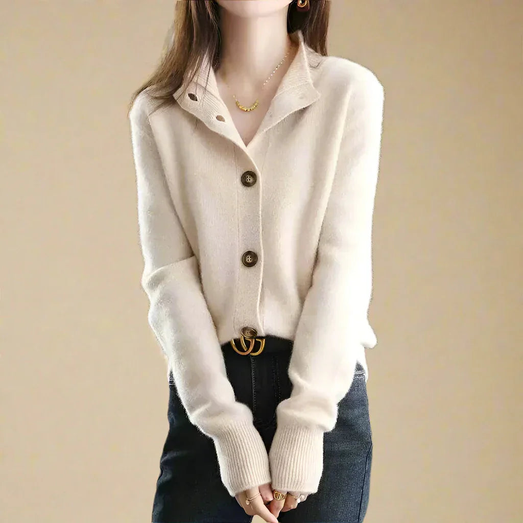 Women's Wool Blend Button Cardigan – Vintage Collar Detail – Black