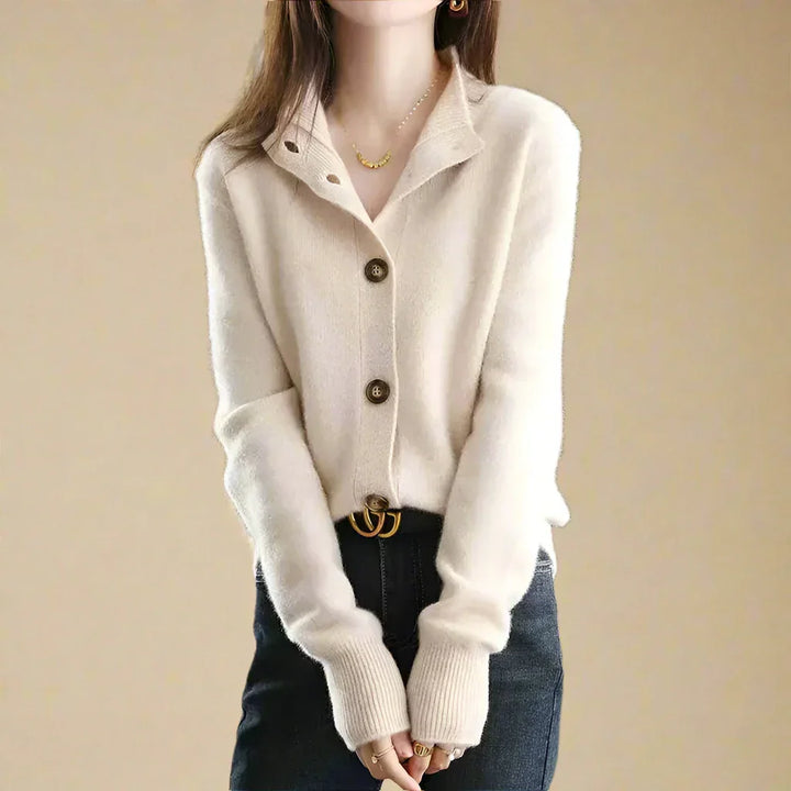 Women's Wool Blend Button Cardigan – Vintage Collar Detail – Black