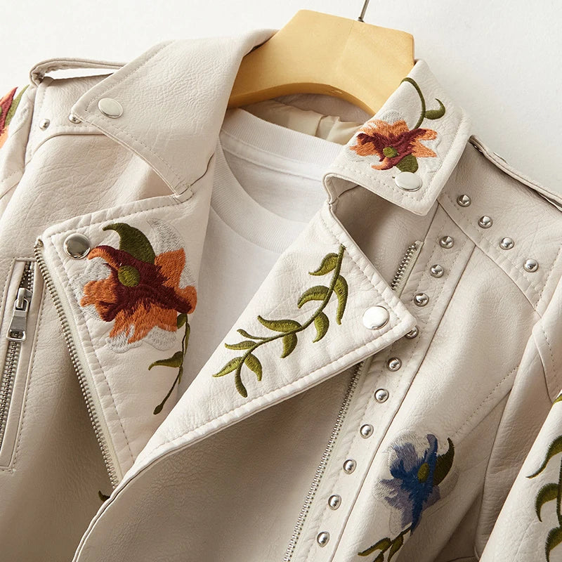Women's Studded Vegan Leather Biker Jacket – Floral Embroidery – view 12