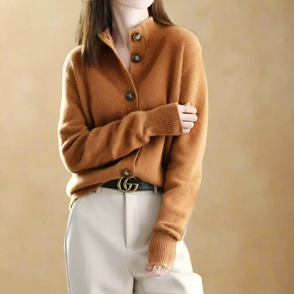 Women's Wool Blend Button Cardigan – Vintage Collar Detail – Navy