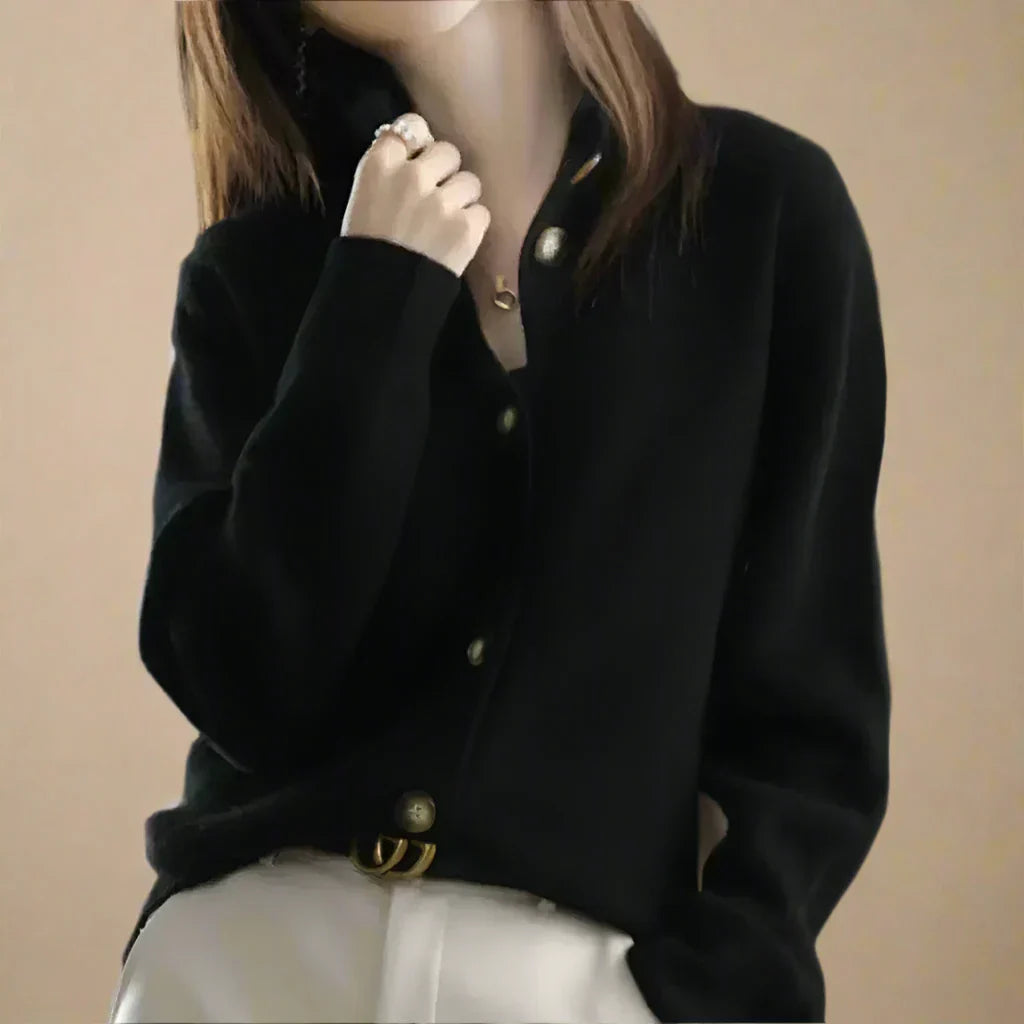 Women's Wool Blend Button Cardigan – Vintage Collar Detail – Caramel