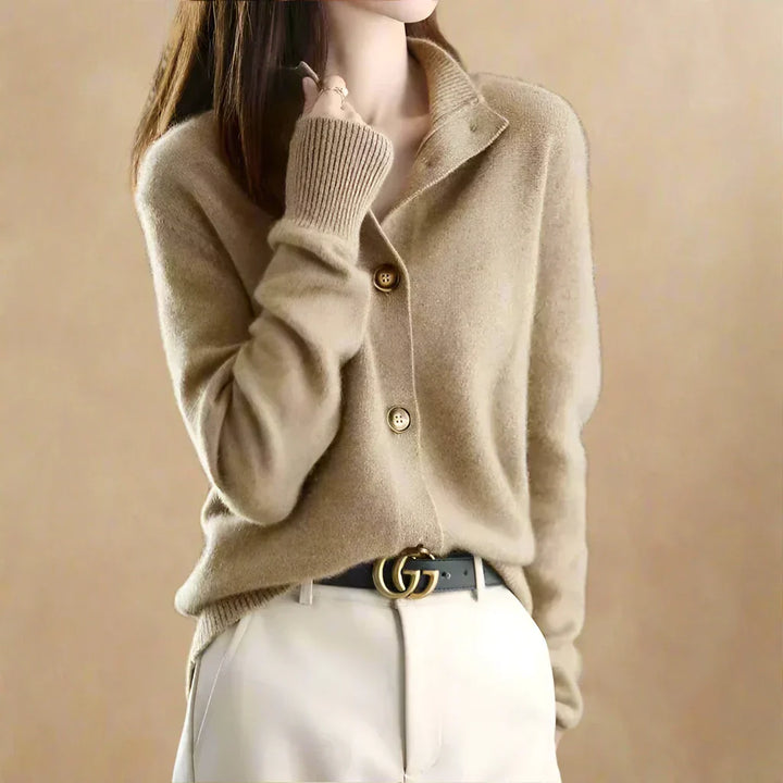 Women's Wool Blend Button Cardigan – Vintage Collar Detail – Cream