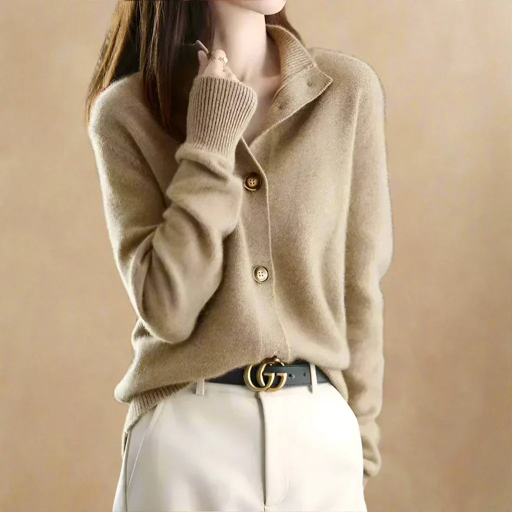 Women's Wool Blend Button Cardigan – Vintage Collar Detail – Cream