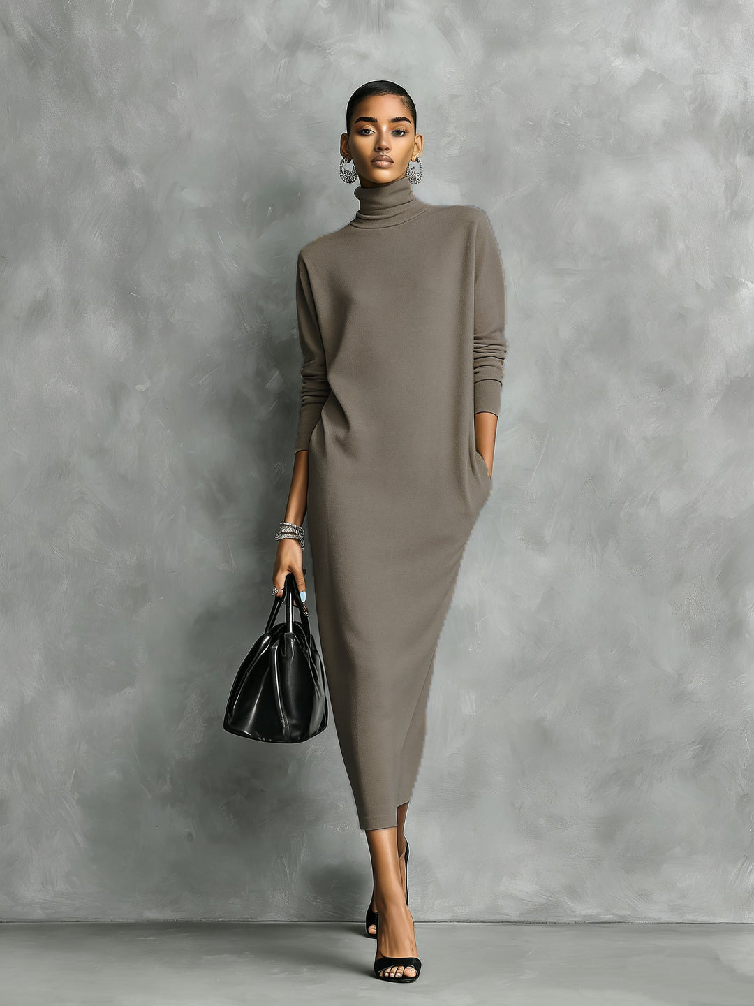 Women's Black Knitted Turtleneck Midi Dress - Effortless Elegance