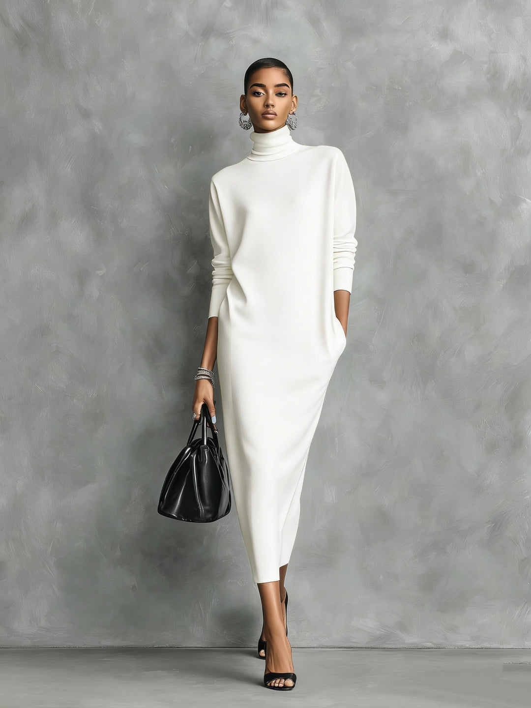 Women's Knitted Turtleneck Long-Sleeve Midi Dress - Effortless