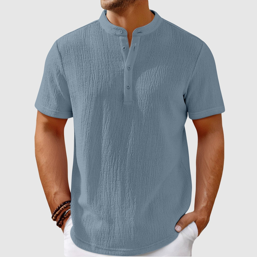 Men's Linen Blend Shirt – Relaxed Mandarin Collar Summer Style – Blue