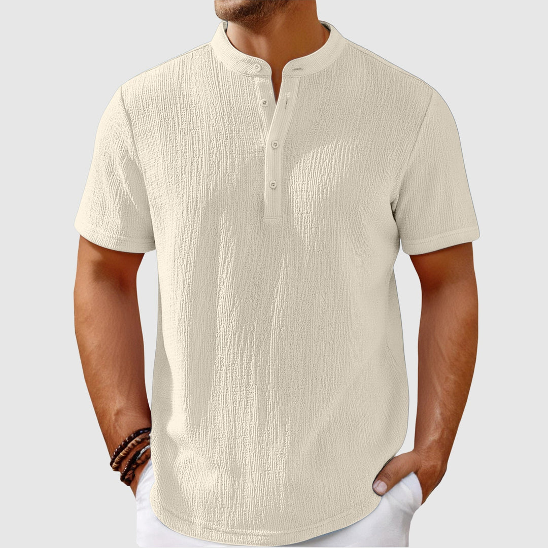 Men's Linen Blend Shirt – Relaxed Mandarin Collar Summer Style – Beige