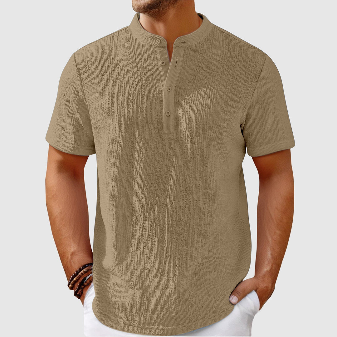 Men's Linen Blend Shirt – Relaxed Mandarin Collar Summer Style – Khaki