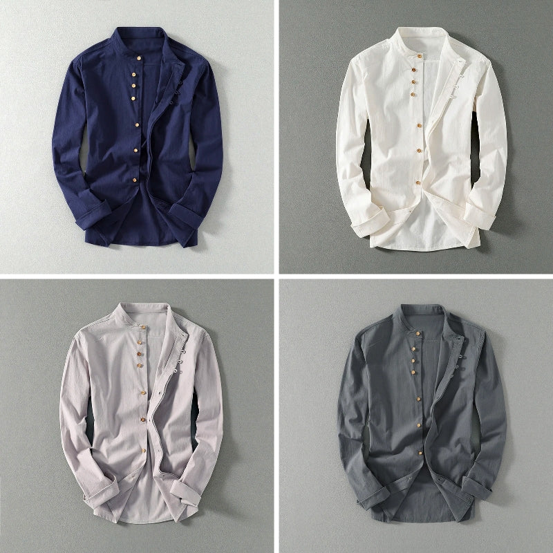 Men's Mandarin Collar Linen Blend Shirt – Kyoto Smart Casual – All Four Colours