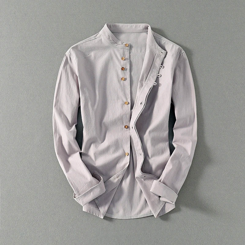 Men's Mandarin Collar Linen Blend Shirt – Kyoto Smart Casual – Blue