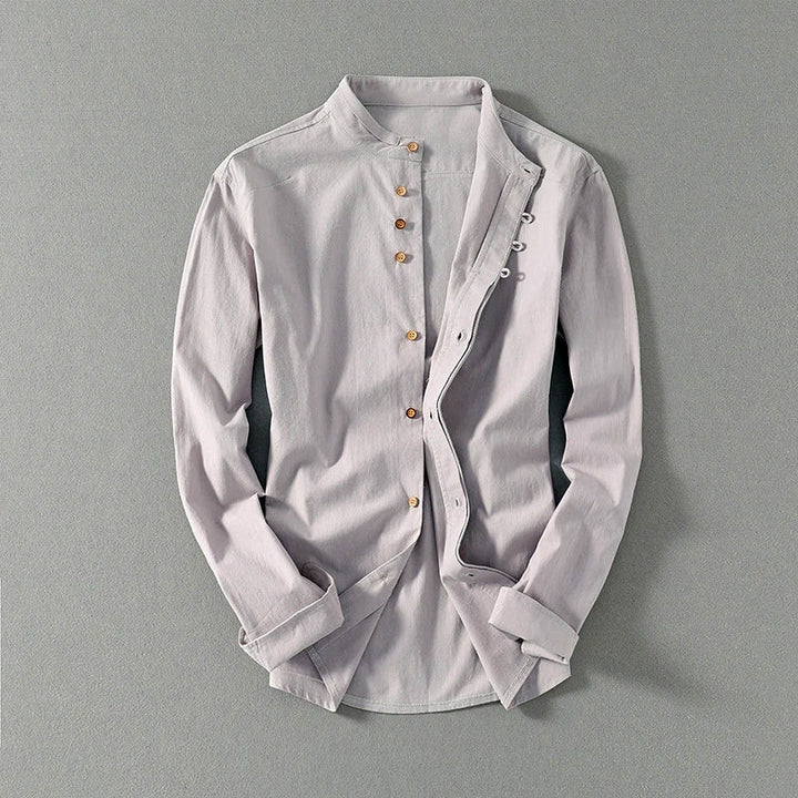 Men's Mandarin Collar Linen Blend Shirt – Kyoto Smart Casual – Blue