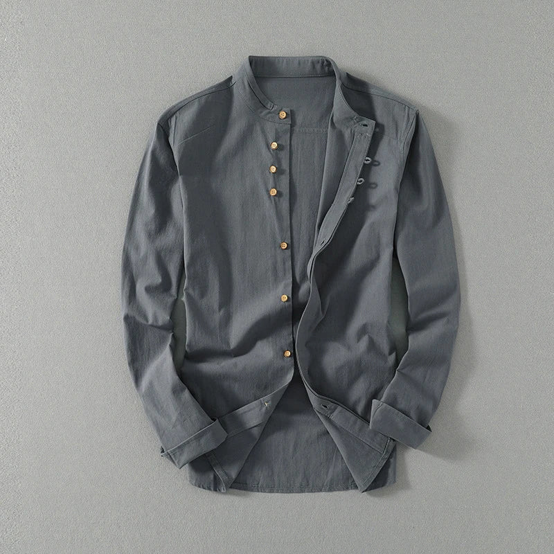 Men's Mandarin Collar Linen Blend Shirt – Kyoto Smart Casual – Grey