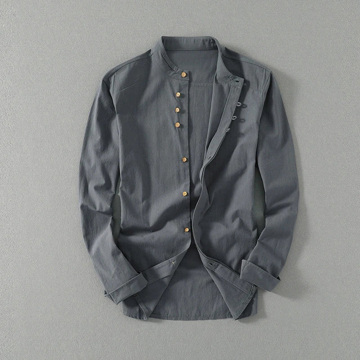Men's Mandarin Collar Linen Blend Shirt – Kyoto Smart Casual – Grey