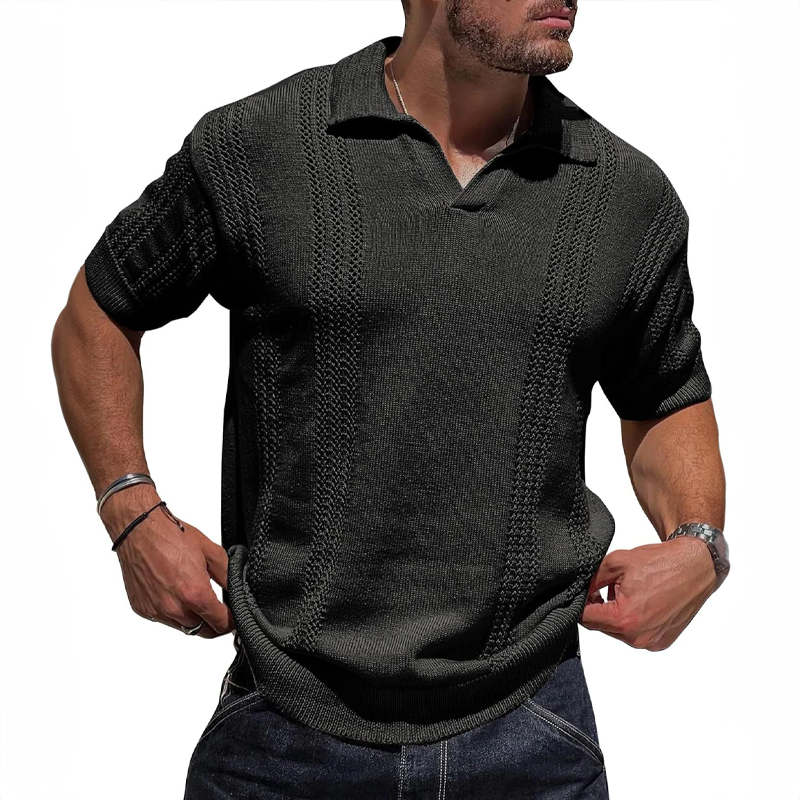 Men's Knitted Polo Shirt – Breathable Ribbed Collar Knit – Black