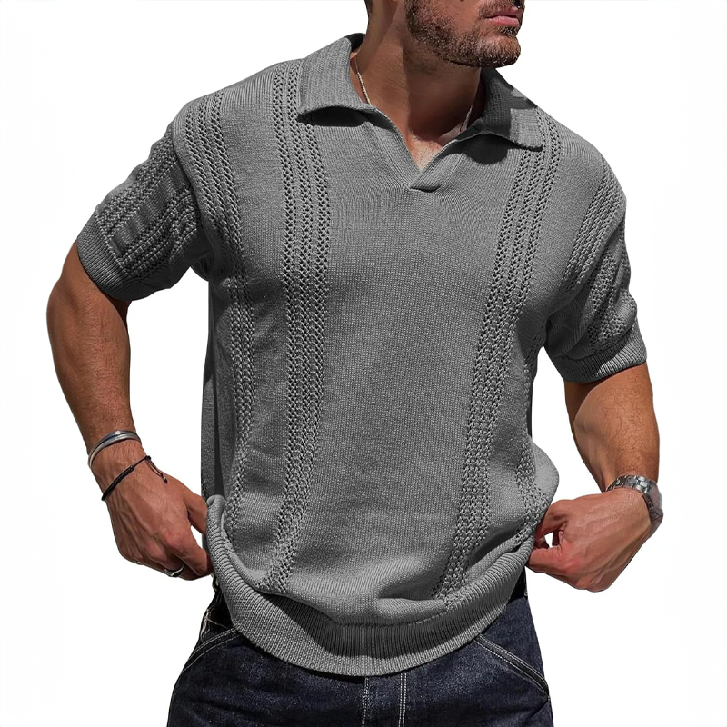 Men's Knitted Polo Shirt – Breathable Ribbed Collar Knit – Grey