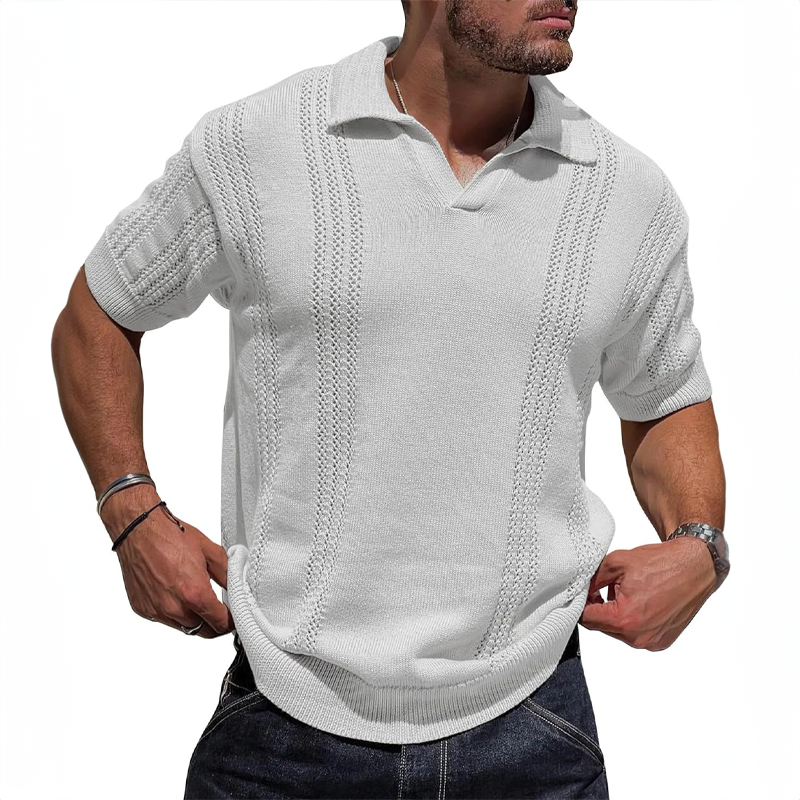 Men's Knitted Polo Shirt – Breathable Ribbed Collar Knit – White