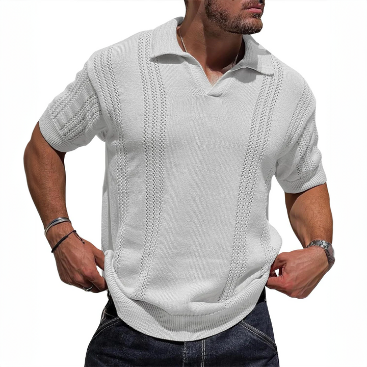 Men's Knitted Polo Shirt – Breathable Ribbed Collar Knit – White