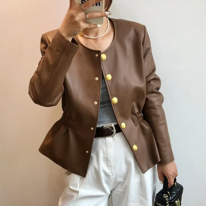 Women's Leather Jacket with Gold Buttons – Structured Collar – view 3