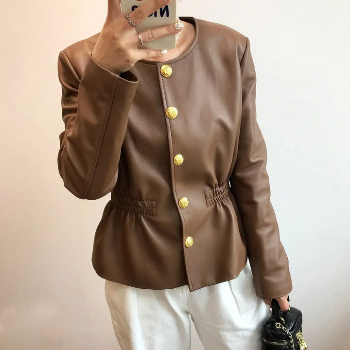 Women's Leather Jacket with Gold Buttons – Structured Collar – view 4