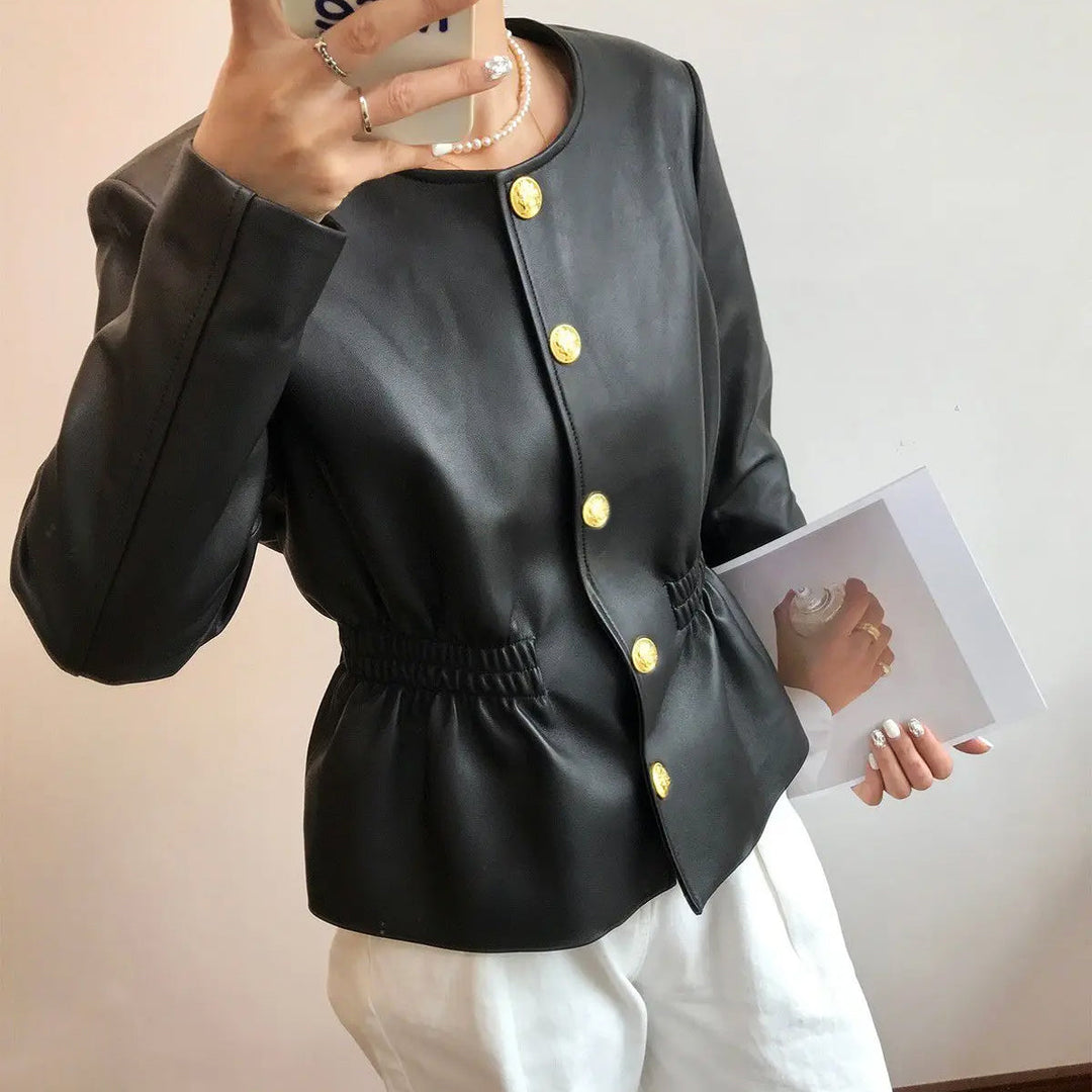 Women's Leather Jacket with Gold Buttons – Structured Collar – view 5