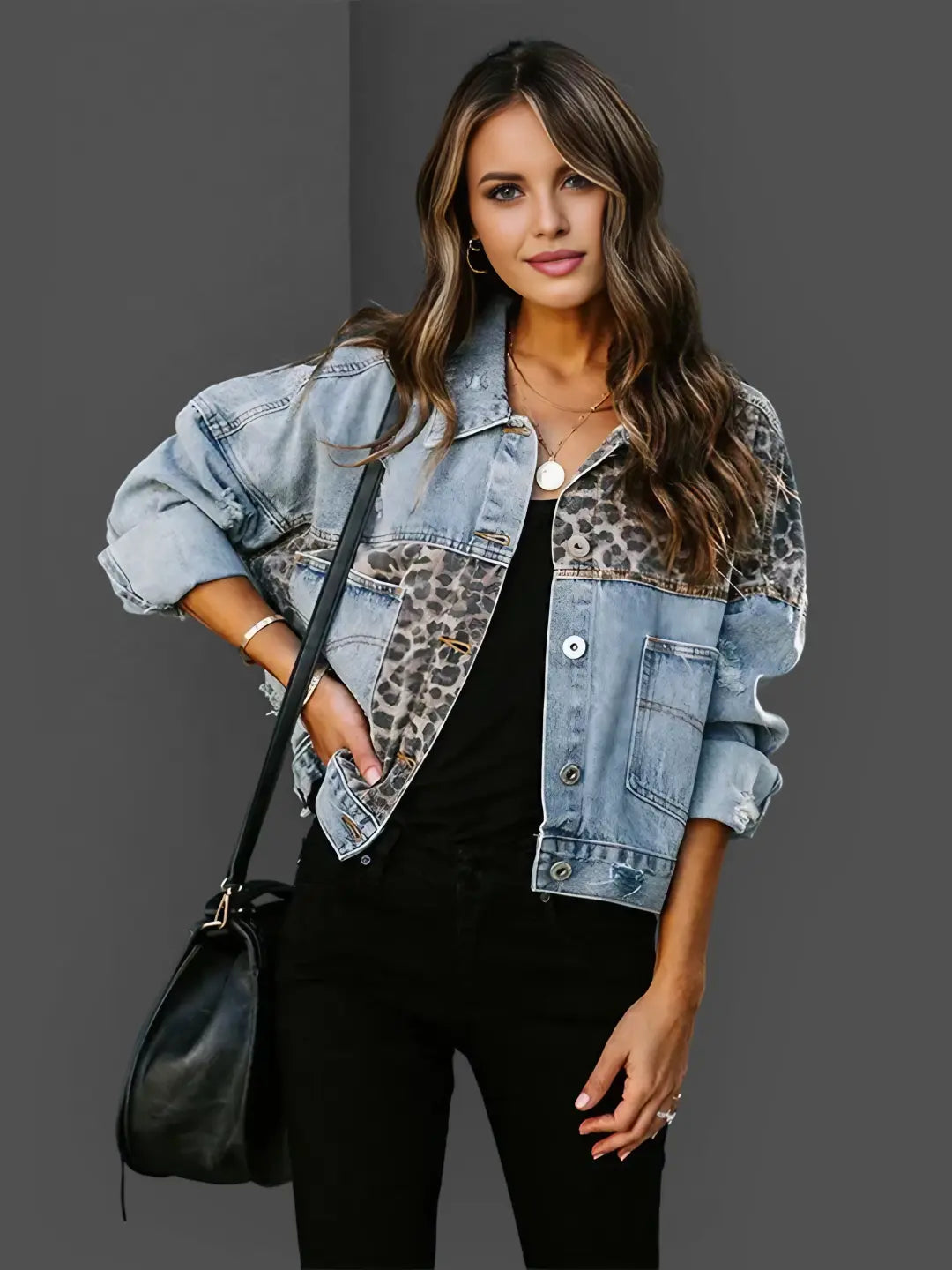 Women's Leopard Print Denim Jacket – Structured Statement Layer – view 2