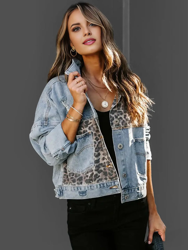 Women's Leopard Print Denim Jacket – Structured Statement Layer – view 4