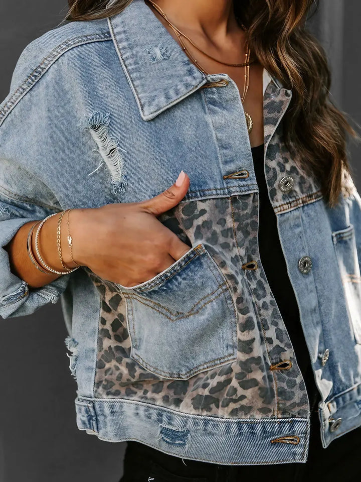 Women's Leopard Print Denim Jacket – Structured Statement Layer – view 6