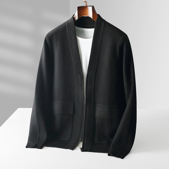 Men's Cashmere V-Neck Cardigan – Soft Thick-Knit Winter Layering – Beige