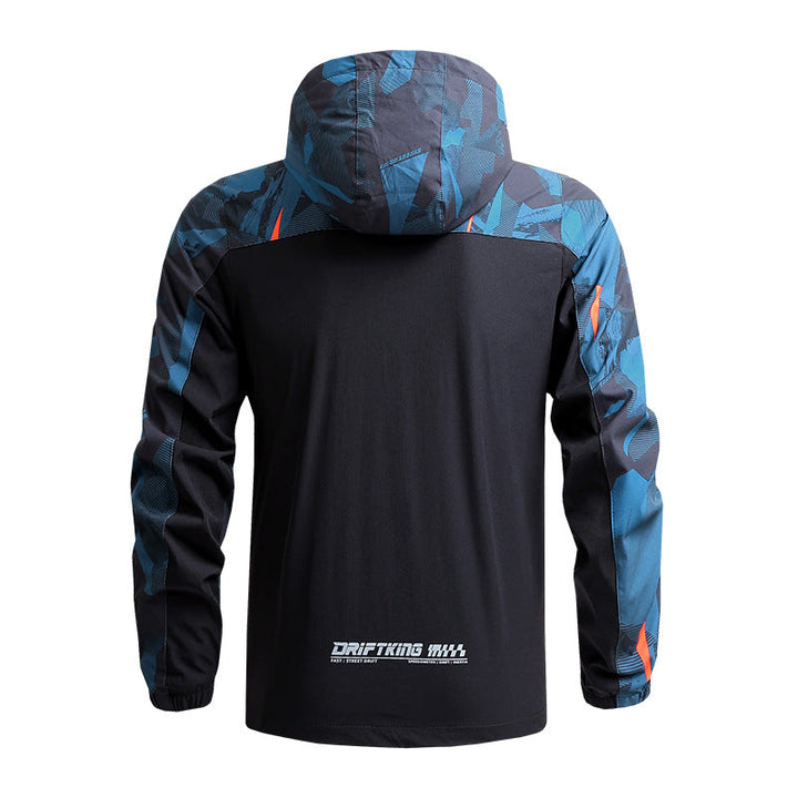 Men's Camo Shell Jacket – Water-Resistant Hooded Layer – Blue