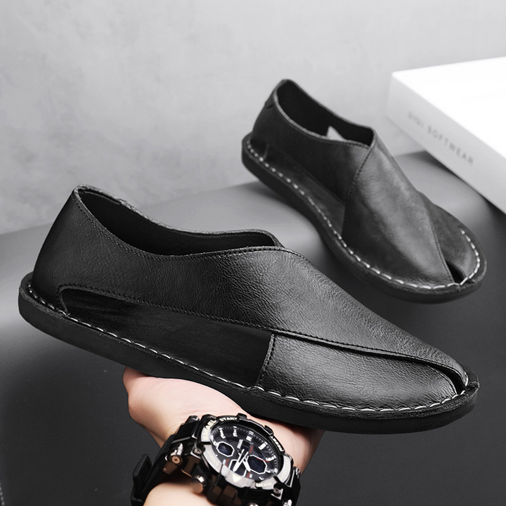 Men's Leather Crossover Sandals – Cushioned Summer Slides