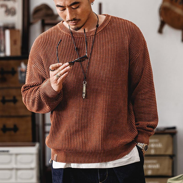 Men's Waffle Knit Jumper – Textured Grid Crew Neck Layer – view 3