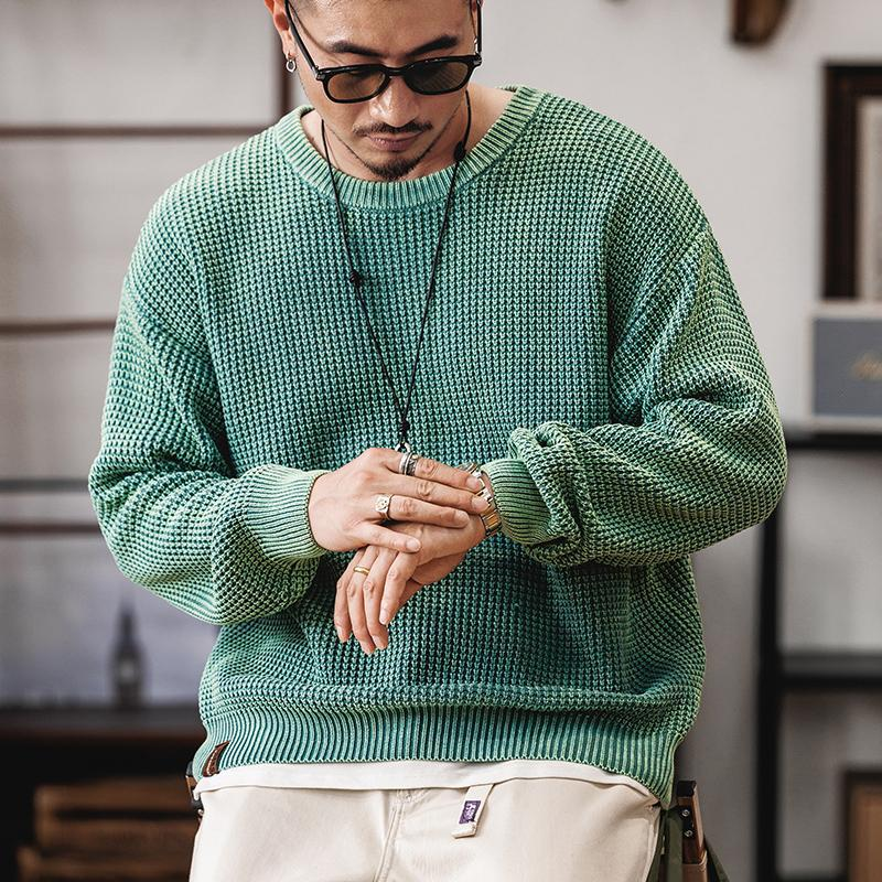 Men's Waffle Knit Jumper – Textured Grid Crew Neck Layer