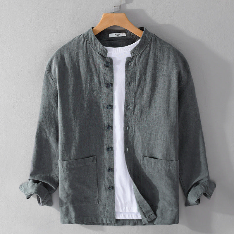 Men's Linen Blend Grandad Collar Shirt – Summer Layering